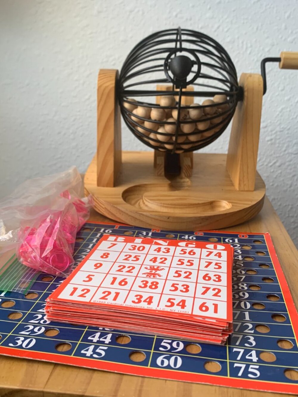 Deluxe Wooden Bingo Game Set Metal Wire Spinner Cage Solid Wood Base Master Boar